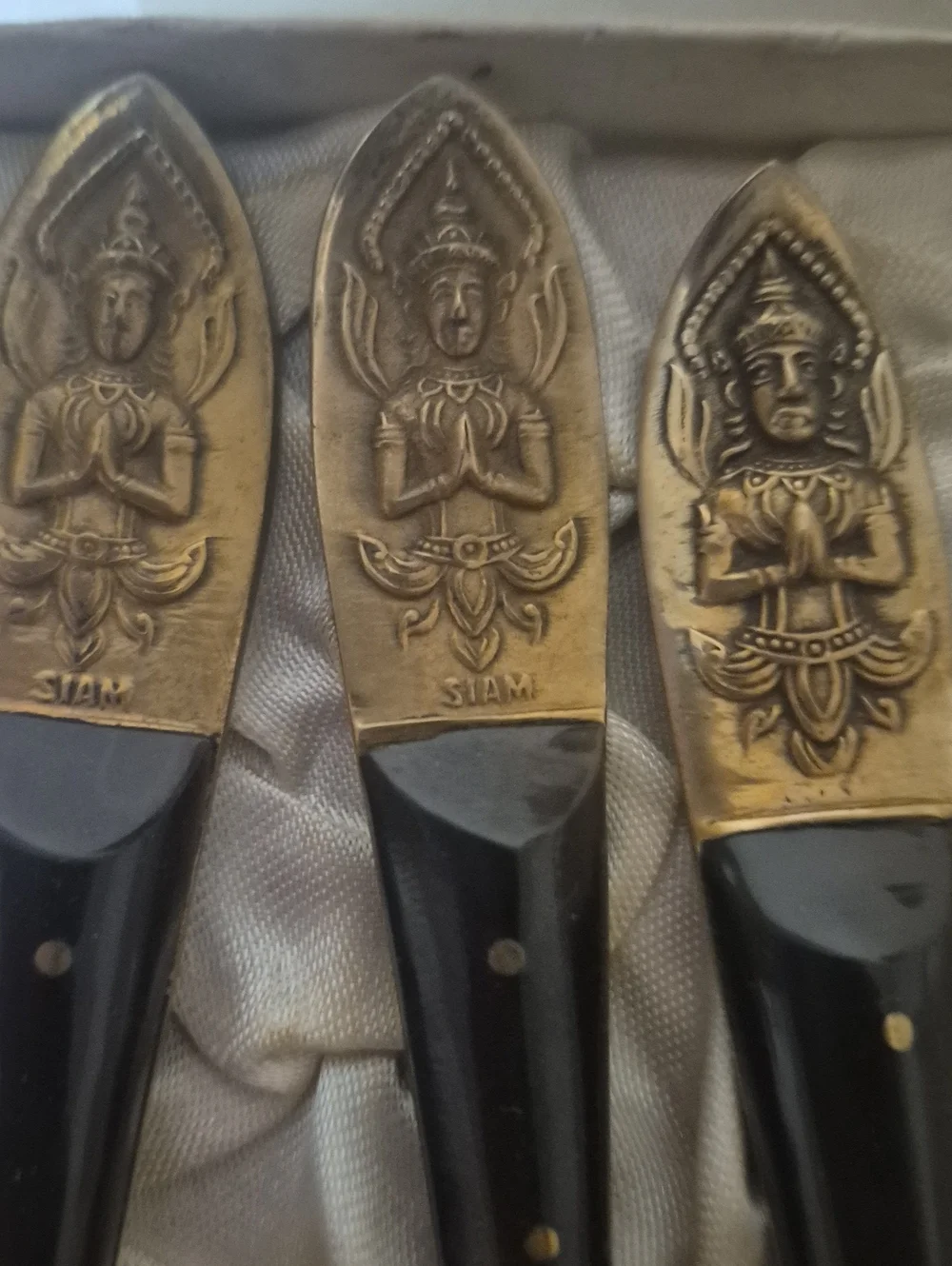Vintage Siam Bronze Gold-Tone Decorative Serving Set with Black Handles Buddha